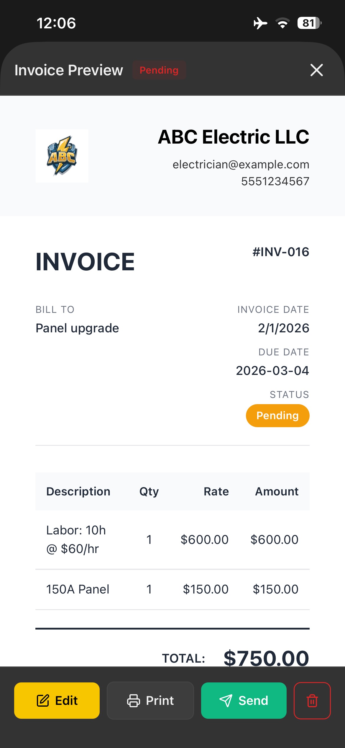 Electrician Pro X Estimates Screen